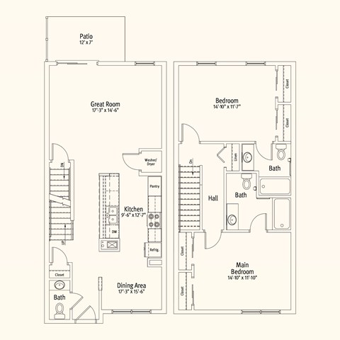 Floor plan for 2 beds, 2.5 baths, 1248 sqft